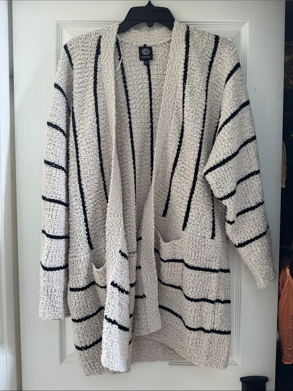 Barefoot Dreams Cream with Black Stripe Plush Open Cardigan